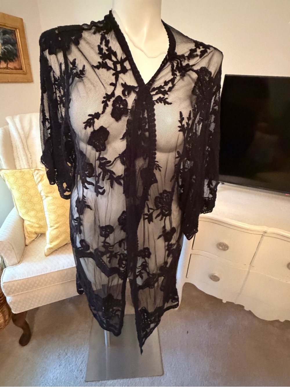 Vintage-Style Sheer Black Lace Duster Kimono - Floral Embroidered Open Front